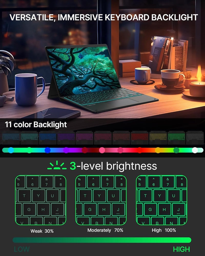 typecase لوحة مفاتيح Surface Pro 9، متوافقة مع Surface Pro 11 10 9 8 X، لوحة مفاتيح لاسلكية بحجم 13 بوصة مع إضاءة خلفية بـ 11 لون وحامل قلم - أسود غير لامع - Image 4